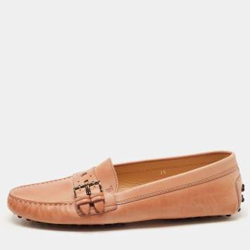 Pre Owned Tod's Light Brown Leather Buckle Detail Slip On Loafers Size 39