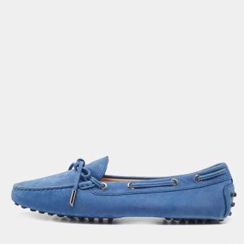 Pre Owned Tod's Blue Suede Gommino Bow Slip On Loafers Size 41