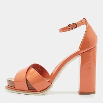 Pre Owned Tod's Light Orange Patent Leather Block Heel Ankle Strap Sandals Size 38.5