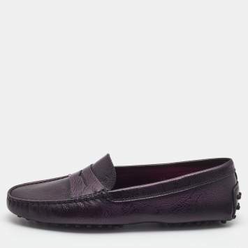 Pre Owned Tod's Purple Floral Embossed Leather Penny Driving Loafers Size 39