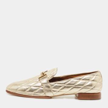 Pre Owned Tod's Gold Quilted Leather Double T Slip On Loafers Size 40.5
