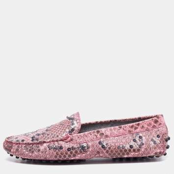 Pre Owned Tod's Pink Python Leather Embellished Loafers Size 37