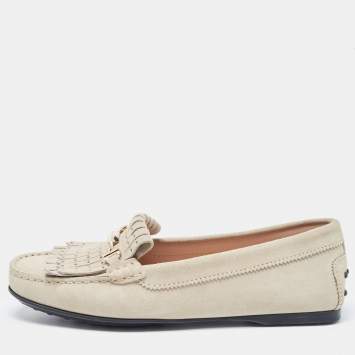 Pre Owned Tod's Grey Suede Gommini Heaven Fringe Penny Loafers Size 38