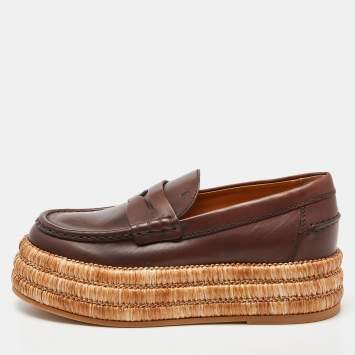 Pre Owned Tod's Brown Leather and Raffia Platform Loafers Size 37