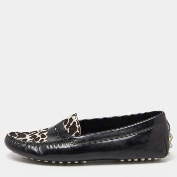 Pre Owned Tod's Black Patent Leather And Calf  Hair Gommino Penny Loafers Size 36