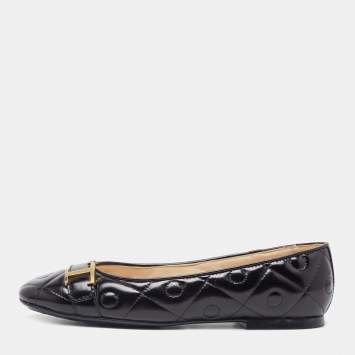 مملوكة مسبقًا Tod's Black Quilted Leather T Buckle Ballet Flats Size 36.5