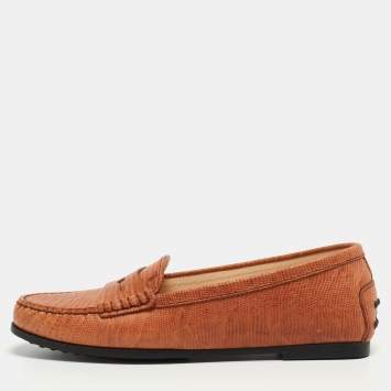 Pre Owned Tod's Brown Lizard Embossed Leather Gommino Penny Slip On Loafers Size 36.5