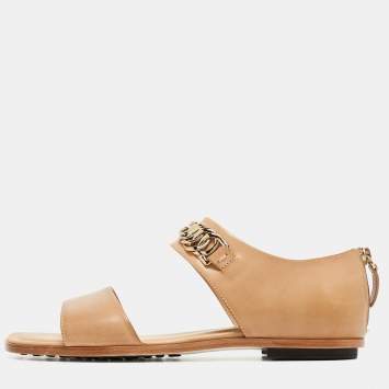 Pre Owned Tod's Brown Leather Chain Link Strap Flat Sandals Size 40