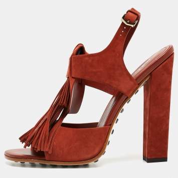 Pre Owned Tod's Maroon Suede Fringe Ankle Strap Sandals Size 40