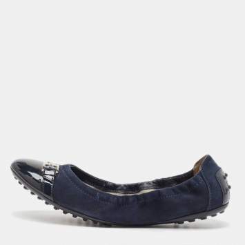 Pre Owned Tod's Blue Patent Leather and Suede Cap Toe Buckle Detail Ballet Flats Size 39.5
