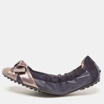 Pre Owned Tod's Navy Blue/Grey Patent Leather and Suede Scrunch Ballet Flats Size 35