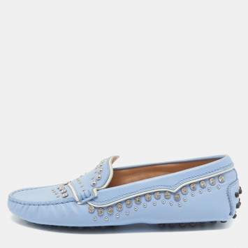 Pre Owned Tod's Blue Leather Crystal Embellished Loafers Size 37
