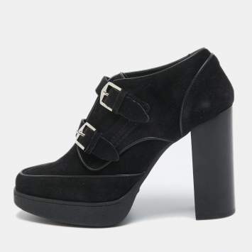 Pre Owned Tod's Black Suede Buckle Block Heel Booties Size 39
