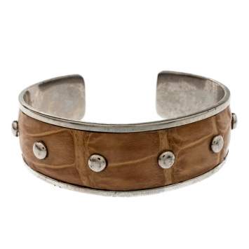 Pre Owned Tod's Tan Embossed Leather Studded Silver Tone Narrow Cuff Bracelet