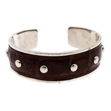 Pre Owned Tod's Dark Brown Embossed Leather Studded Silver Tone Narrow Cuff Bracelet