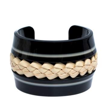Pre Owned Tod's Black Braided Leather Inlay Resin Open Cuff Bracelet 