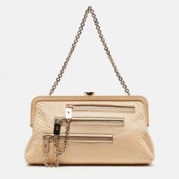 Pre Owned Tod's Light Beige Snake Triple Zip Chain Clutch