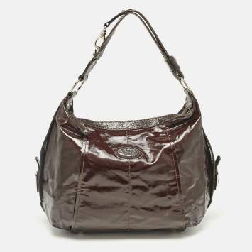 Pre Owned Tod's Dark Brown Coated Canvas and Crackled Patent Leather Side Buckle Hobo