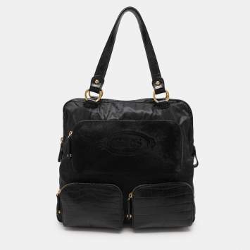 Pre Owned Tod's Black Calf Hair and Croc Embossed Leather D Bag