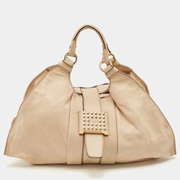 Tod's Beige Shimmer Nubuck Leather Studded Lock Flap Shoulder Bag