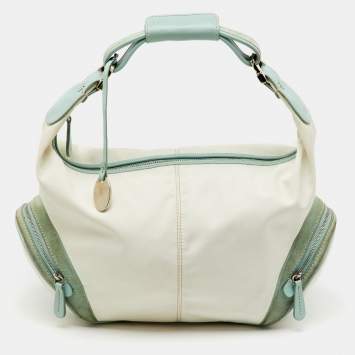 Pre Owned Tod's Off White/Green Nylon,Suede and Leather Charlotte Hobo