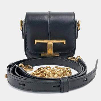 Pre Owned Tod's Black Leather Micro T Timeless Crossbody Bag
