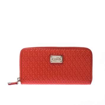 Pre Owned Tod's Coral Orange Signature Patent Leather Zip Around Wallet