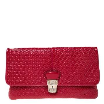 Pre Owned Tod's Red Signature Embossed Patent Leather Turnlock Clutch