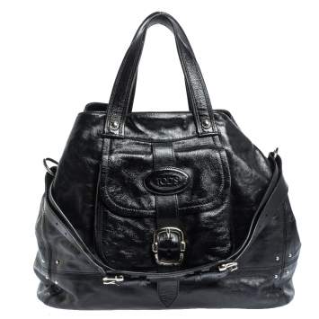 Pre Owned Tod's Black Glazed Leather Buckle Pocket Shoulder Bag