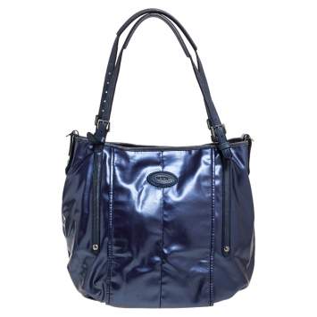 Pre Owned Tod's Metallic Blue Glazed Coated Canvas and Leather G-Line Easy Sacca Tote