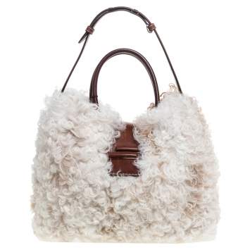 Pre Owned Tod's White Fur and Leather Double T Flap Tote