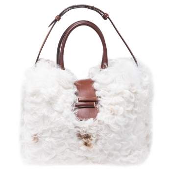 Pre Owned Tod's White/Brown Shearling and Leather Medium Double T Tote