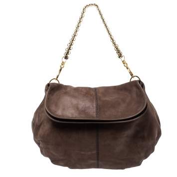 Pre Owned Tod's Dark Brown Shimmer Nubuck Leather Flap Chain Hobo