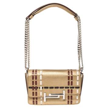 Pre Owned Tod's Gold Leather Mini Double T Shoulder Bag