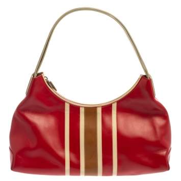 Pre Owned Tod's Red/Beige Stripe Leather Colorblock Zip Hobo