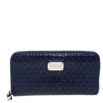 Pre Owned Tod's Navy Blue Signature Patent Leather Zip Around Wallet