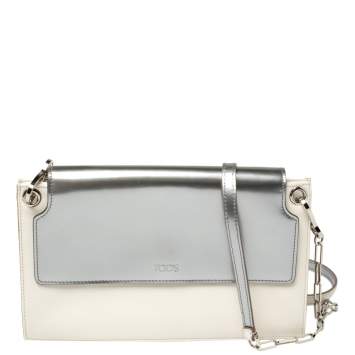 Pre Owned Tod's White/Silver Leather Flap Chain Clutch