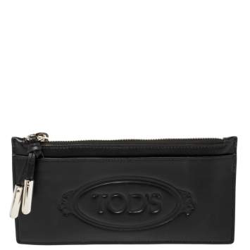 Pre Owned Tod's Black Leather Card Holder Zip Wallet