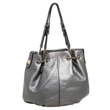 Pre Owned Tod's Metallic Grey Embossed Leather Drawstring Chain Tote