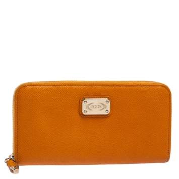 Pre Owned Tod's Orange Leather Zip Around Wallet