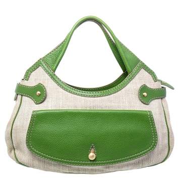 Pre Owned Tod's Beige /Green Canvas And Leather Hobo