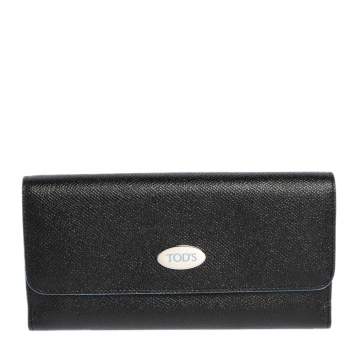 Pre Owned Tod's Black Leather Plaque Logo Continental Flap Wallet