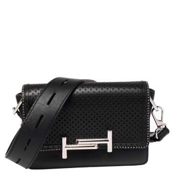 Pre Owned Tod's Black Perforated Leather Double T Crossbody Bag