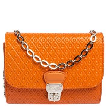 Pre Owned Tod's Orange Signature Embossed Leather Flap Shoulder Bag