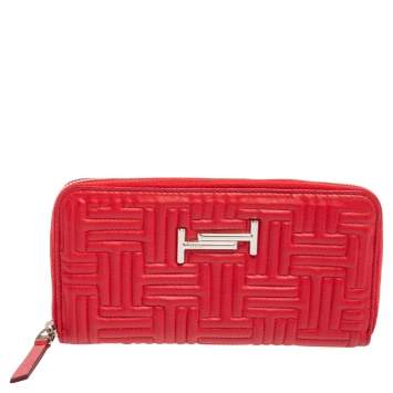 Pre Owned Tod's Red Leather Double T Zip Around Continental Wallet
