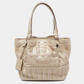 Pre Owned Tod's Metallic Beige Leather Studded Flower Tote
