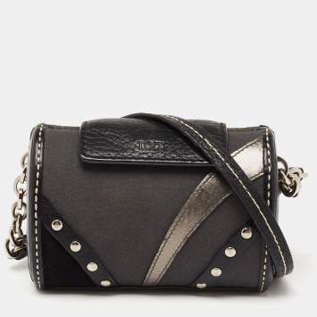 Pre Owned Tod's Black Leather and Canvas Studded Flap Shoulder Bag