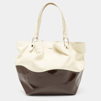 Pre Owned Tod's Cream/Brown Leather and Patent Leather Medium Flower Tote