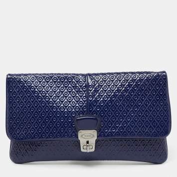 Pre Owned Tod's Blue Signature Embossed Patent Leather Turnlock Flap Clutch