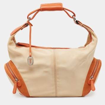 Pre Owned Tod's Beige/Orange Nylon and Leather Charlotte Hobo